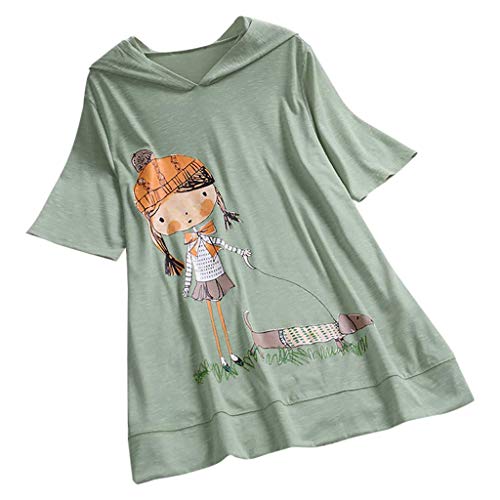VEMOW Camiseta de Manga Corta con Capucha y Estampado de Dibujos Animados Casual para Mujer tamaño Extra Top Blusa(Menta Verde,3XL)