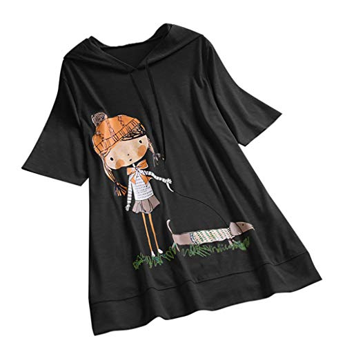 VEMOW Camiseta de Manga Corta con Capucha y Estampado de Dibujos Animados Casual para Mujer tamaño Extra Top Blusa(Negro,L)