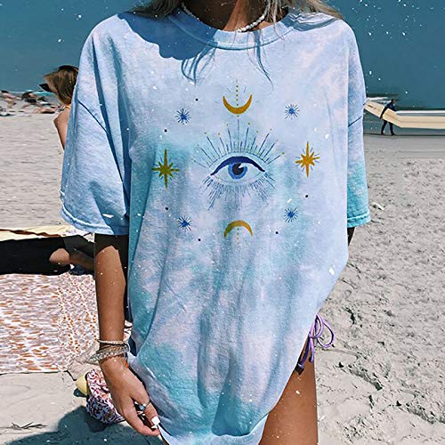 VEMOW Camiseta de Mujer Manga Corta 3D Patrón Impreso Estrella Sol Luna, Primavera Verano Azul Blusa Camisa Cuello Redondo Basica Camiseta Moda Tops Casual Suelta Fiesta T-Shirt(H,M)