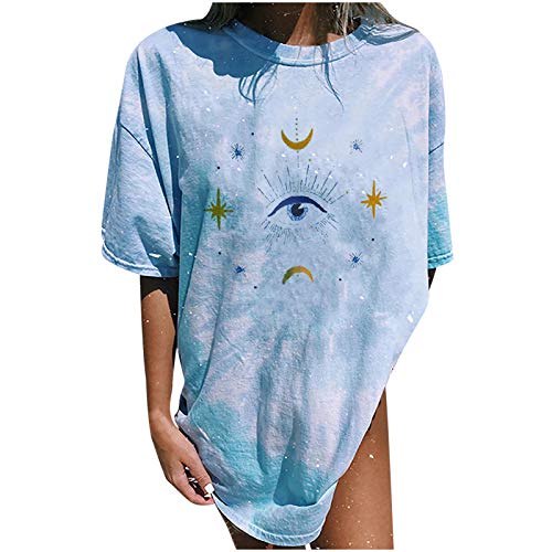 VEMOW Camiseta de Mujer Manga Corta 3D Patrón Impreso Estrella Sol Luna, Primavera Verano Azul Blusa Camisa Cuello Redondo Basica Camiseta Moda Tops Casual Suelta Fiesta T-Shirt(H,M)