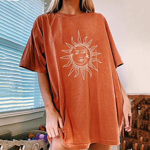 VEMOW Camiseta de Mujer Manga Corta Cuello Redondo, 2021 Moda Sol Luna Flor Impresión Basica Vintage Suelto Camiseta Blusas Camisas Tops Verano Tops Casual Fiesta E-Girl Original T-Shirt(H,M)