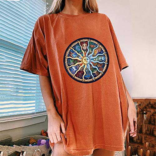 VEMOW Camiseta de Mujer Manga Corta Impreso Estrella Sol Luna Talla Grande, Primavera Verano Moda Naranja Blusa Camisa Cuello Redondo Basica Camiseta Casual Suelta Tops Fiesta T-Shirt(H,M)