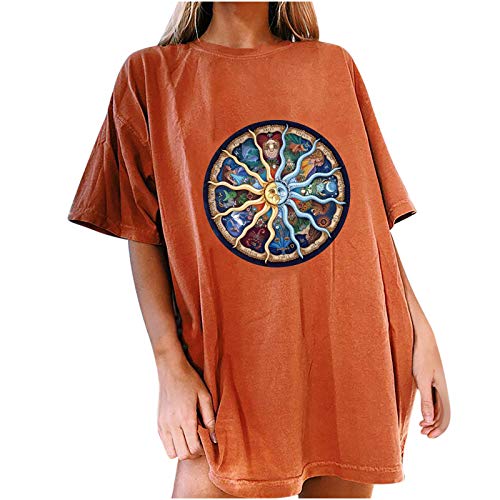 VEMOW Camiseta de Mujer Manga Corta Impreso Estrella Sol Luna Talla Grande, Primavera Verano Moda Naranja Blusa Camisa Cuello Redondo Basica Camiseta Casual Suelta Tops Fiesta T-Shirt(H,M)