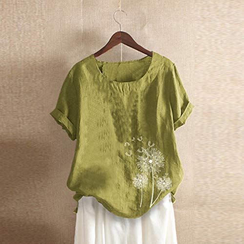 VEMOW Camiseta Mujer Casual Talla Extra Manga Corta Elegante Algodón Lino  Cuello Redondo Impresión Blusa Parte Superior Tops Shirts tee Verano OtoñO(A Amarillo,2XL)
