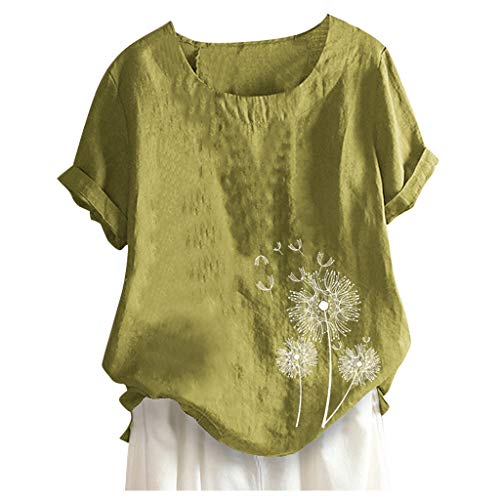 VEMOW Camiseta Mujer Casual Talla Extra Manga Corta Elegante Algodón Lino  Cuello Redondo Impresión Blusa Parte Superior Tops Shirts tee Verano OtoñO(A Amarillo,2XL)