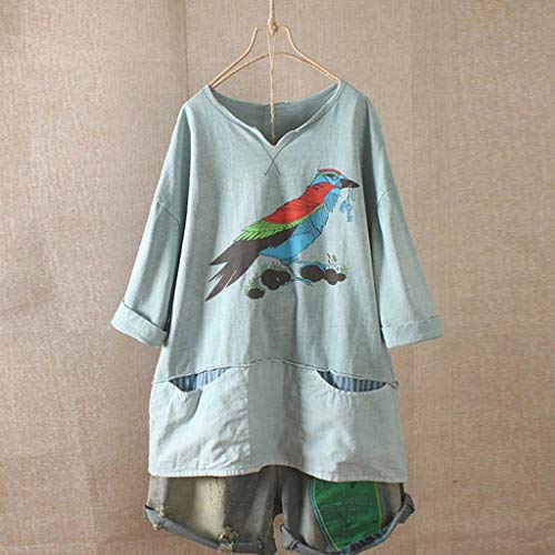 VEMOW Camiseta Pullover Sudaderas Mujer Casual Cuello en V Manga Larga Dibujos Animados Pájaro Impreso Suelto Lino Camisa Bolsillo Blusa Tops Camisa(Verde,XL)