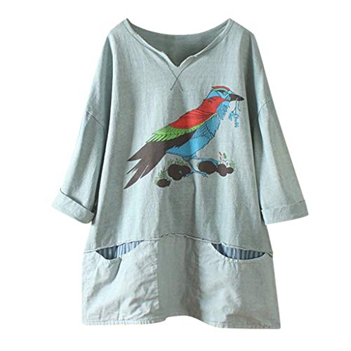 VEMOW Camiseta Pullover Sudaderas Mujer Casual Cuello en V Manga Larga Dibujos Animados Pájaro Impreso Suelto Lino Camisa Bolsillo Blusa Tops Camisa(Verde,XL)