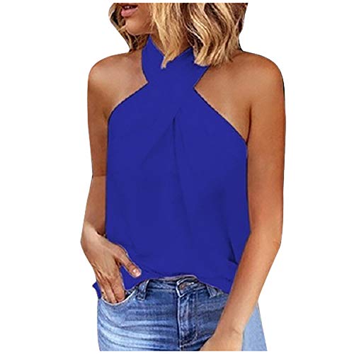 VEMOW Camiseta sin Mangas para Mujer, Camisetas de Tirantes Mujer Tank Tops Tirantes de Fiesta Negro Top Costura Superior de Color Sólido con atrás Cremallera Cuello Halter en la Espalda(Azul,M)