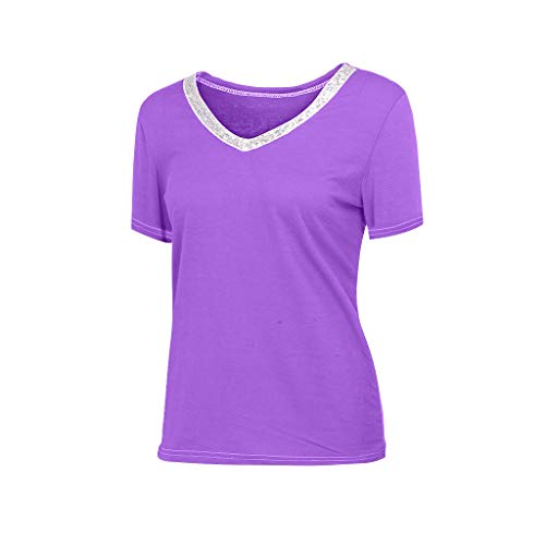 VEMOW Camisetas Moda Mujer Casual Lentejuelas de Manga Corta con Cuello en v Tops Blusa Casual Camiseta(Púrpura,S)
