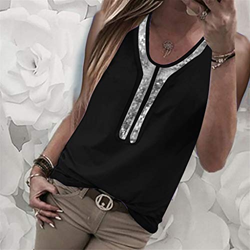 VEMOW Camisetas Moda Mujer Casual Lentejuelas de Manga Corta con Cuello en v Tops Blusa Casual Camiseta(T Black,S)
