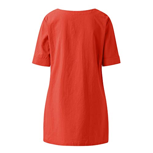 VEMOW Camisetas Mujer Blusa de algodón y Lino de Media Manga con diseño Cruzado para Mujer Camiseta con Bolsillo Tops(Naranja,L)
