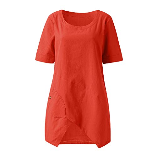 VEMOW Camisetas Mujer Blusa de algodón y Lino de Media Manga con diseño Cruzado para Mujer Camiseta con Bolsillo Tops(Naranja,L)