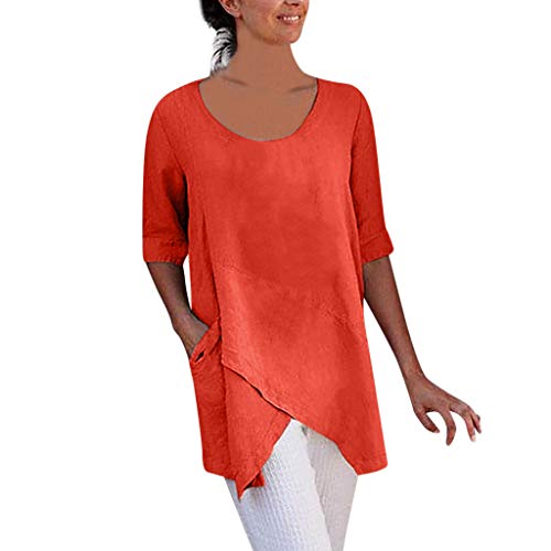 VEMOW Camisetas Mujer Blusa de algodón y Lino de Media Manga con diseño Cruzado para Mujer Camiseta con Bolsillo Tops(Naranja,L)