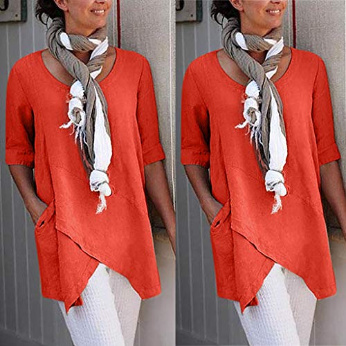 VEMOW Camisetas Mujer Blusa de algodón y Lino de Media Manga con diseño Cruzado para Mujer Camiseta con Bolsillo Tops(Naranja,L)