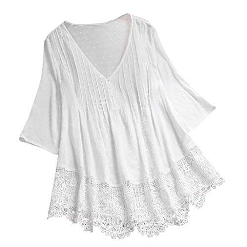 VEMOW Camisola Tops Mujer Vintage Jacquard Tres Cuartos de Encaje con Cuello en V Talla Grande Blusas Superior(Blanco,2XL)