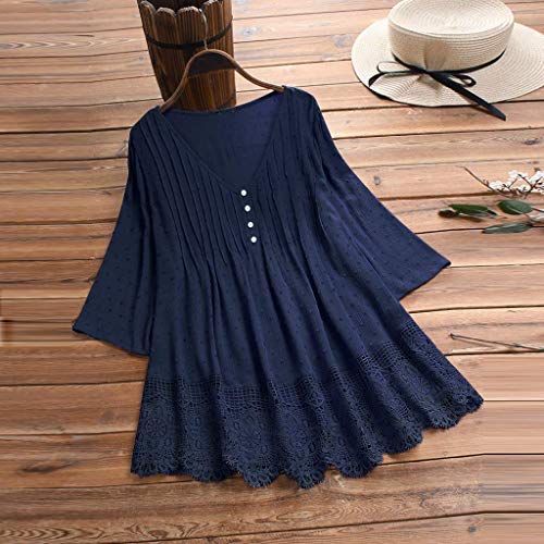 VEMOW Camisola Tops Mujer Vintage Jacquard Tres Cuartos de Encaje con Cuello en V Talla Grande Blusas Superior(Marina,5XL)