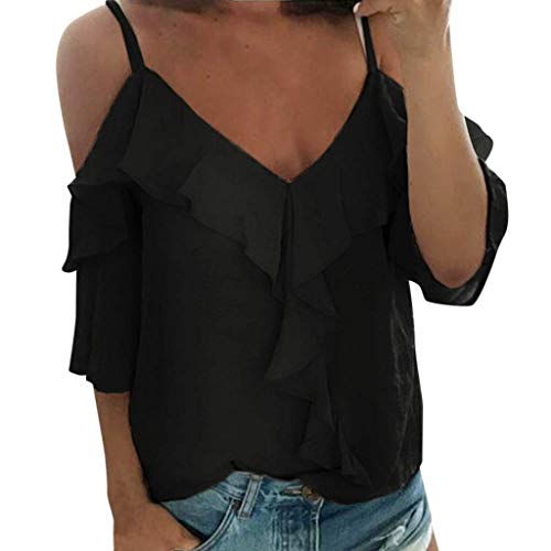VEMOW Camisole Blusas Tirantes de poliéster para Mujer con Cuello en V Halter con Volantes Camiseta(Negro,XXL)