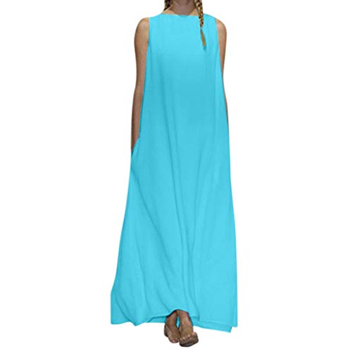 VEMOW Falda Larga Mujer O-Cuello de Las Mujeres sólido Ocasional Flojo sin Mangas Holgados Largos Vestidos(Azul Claro,L)