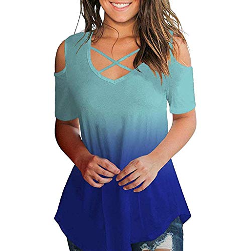 VEMOW Los más vendidos Camiseta Tops Las Mujeres cruzan el Hombro frío V Cuello Manga Corta Blusa(Azul,XL)