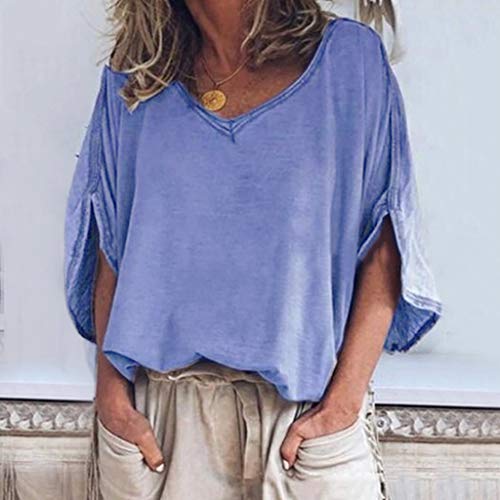 VEMOW Mujeres Casual Tallas Grandes Camiseta Cuello en v  Sólido Manga de Tres Cuartos Camiseta Suelto Túnica Tops de Verano Blusas OtoñO Primavera Nueva Mejor Venta(Azul,XL)