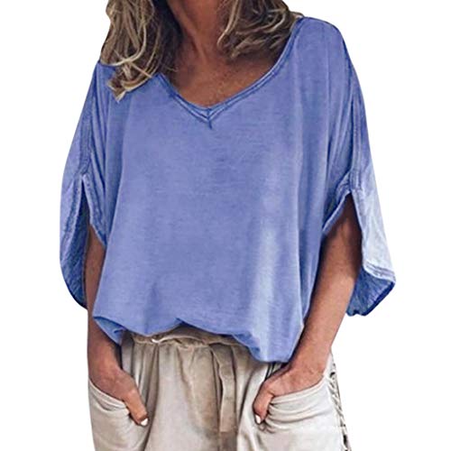 VEMOW Mujeres Casual Tallas Grandes Camiseta Cuello en v  Sólido Manga de Tres Cuartos Camiseta Suelto Túnica Tops de Verano Blusas OtoñO Primavera Nueva Mejor Venta(Azul,XL)