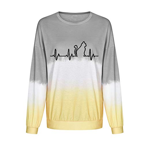 VEMOW Sudaderas Blusa Camisa De Las Mujeres Gradiente Contraste  Gato De Color Impreso Manga Larga Parte Superior Pull-Over Camisa De Entrenamiento Camiseta Tops(Gris,5XL)