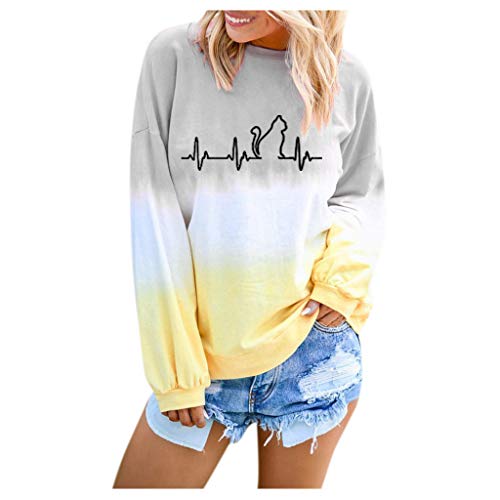 VEMOW Sudaderas Blusa Camisa De Las Mujeres Gradiente Contraste  Gato De Color Impreso Manga Larga Parte Superior Pull-Over Camisa De Entrenamiento Camiseta Tops(Gris,5XL)