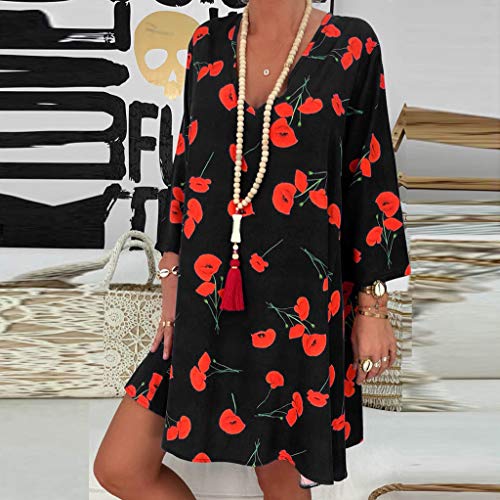 VEMOW Vestido Mujer Faldas Ropa de Verano con Mangas Tres Cuartos y Estampado Suelto para Mujer(A Negro,2XL)