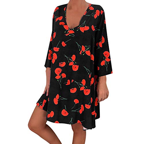 VEMOW Vestido Mujer Faldas Ropa de Verano con Mangas Tres Cuartos y Estampado Suelto para Mujer(A Negro,2XL)