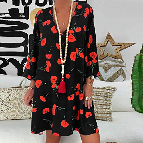 VEMOW Vestido Mujer Faldas Ropa de Verano con Mangas Tres Cuartos y Estampado Suelto para Mujer(A Negro,2XL)