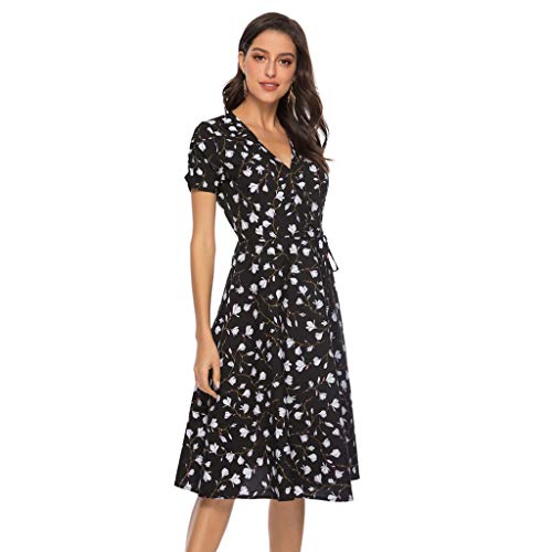 VEMOW Vestido Mujer Fiesta con Estampado Floral Festivo con Cuello en V para Mujer Vestido de Fiesta de Manga Corta(Negro,XL)