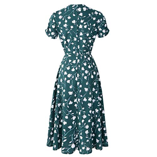 VEMOW Vestido Mujer Fiesta con Estampado Floral Festivo con Cuello en V para Mujer Vestido de Fiesta de Manga Corta(Verde,L)