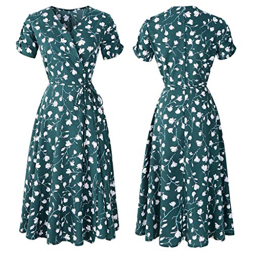 VEMOW Vestido Mujer Fiesta con Estampado Floral Festivo con Cuello en V para Mujer Vestido de Fiesta de Manga Corta(Verde,L)