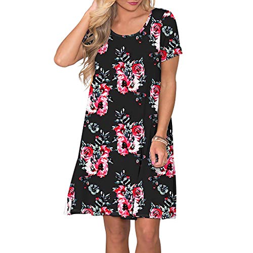 VEMOW Vestido Mujer Mujeres Verano Manga Corta Floral Bolsillos Impresos Vestido de oscilación Ocasional de Sundress(A Negro,S)