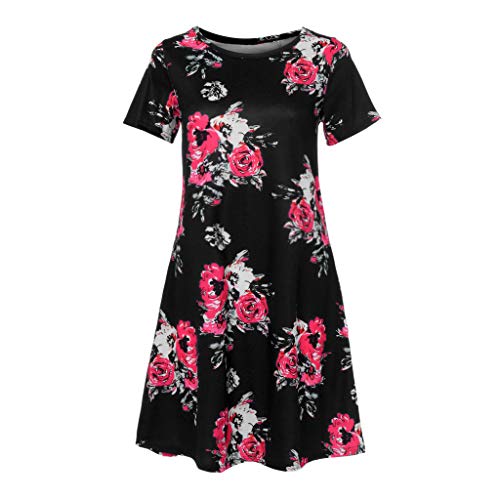 VEMOW Vestido Mujer Mujeres Verano Manga Corta Floral Bolsillos Impresos Vestido de oscilación Ocasional de Sundress(A Negro,S)