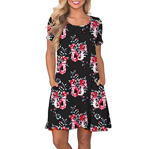 VEMOW Vestido Mujer Mujeres Verano Manga Corta Floral Bolsillos Impresos Vestido de oscilación Ocasional de Sundress(A Negro,S)