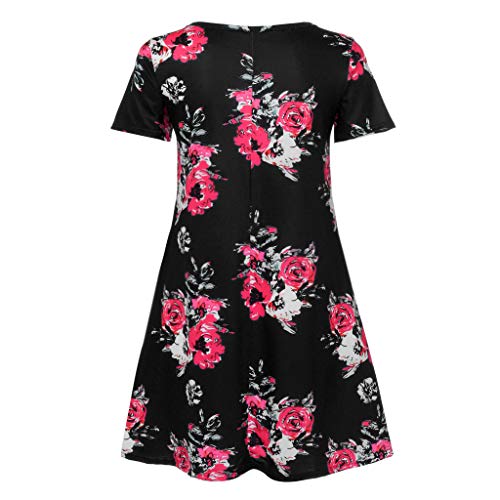VEMOW Vestido Mujer Mujeres Verano Manga Corta Floral Bolsillos Impresos Vestido de oscilación Ocasional de Sundress(A Negro,S)