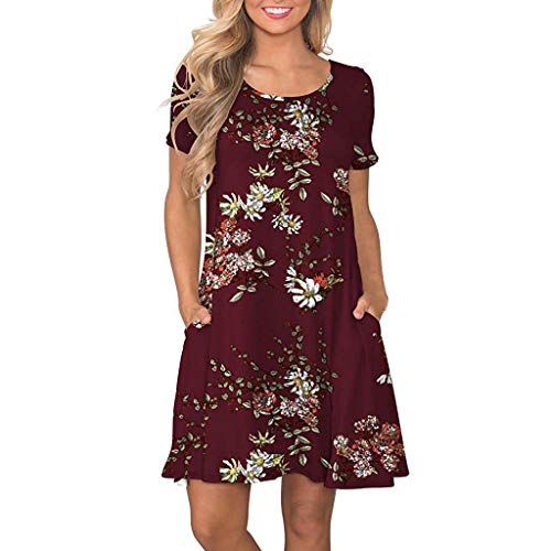 VEMOW Vestido Mujer Mujeres Verano Manga Corta Floral Bolsillos Impresos Vestido de oscilación Ocasional de Sundress(B Armada,L)
