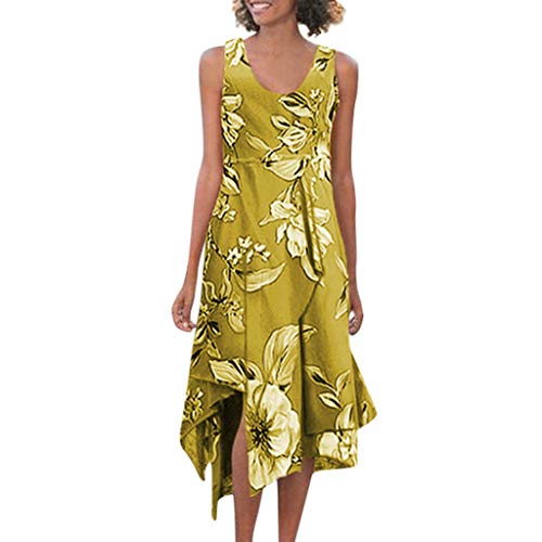 VEMOW Vestido Mujer Verano Informal sin Mangas con Estampado Impresión Floral Irregular sin Mangas para Mujer Comodo Dress Play Vestir Sundress(Amarillo,L)