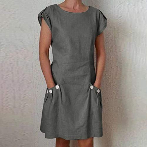 VEMOW Vestido Mujer Vestimenta Casual para Mujer Bolsillos con Volantes sólidos O-Cuello Vestidos abotonados para decoración(G Gray,L)