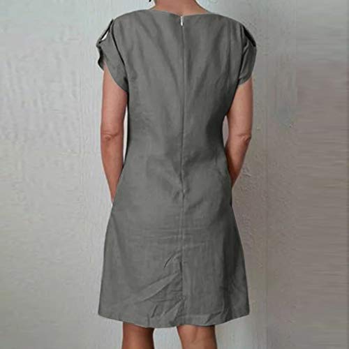 VEMOW Vestido Mujer Vestimenta Casual para Mujer Bolsillos con Volantes sólidos O-Cuello Vestidos abotonados para decoración(G Gray,L)