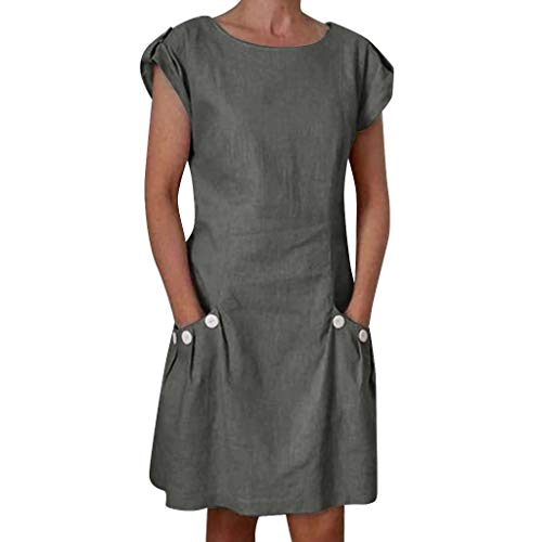 VEMOW Vestido Mujer Vestimenta Casual para Mujer Bolsillos con Volantes sólidos O-Cuello Vestidos abotonados para decoración(G Gray,L)