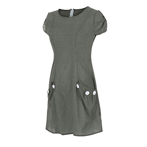 VEMOW Vestido Mujer Vestimenta Casual para Mujer Bolsillos con Volantes sólidos O-Cuello Vestidos abotonados para decoración(G Gray,L)