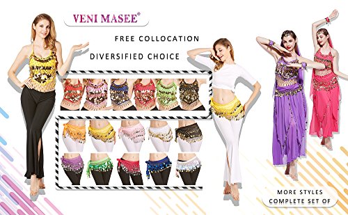 VENI MASEE Pañuelo profesional para danza del vientre, 3 filas de monedas de color dorado Negro Talla única