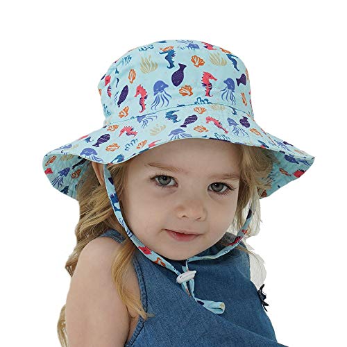 Verano bebé Sombrero para el Sol niños Gorra niños Unisex Playa niñas Sombreros de Cubo Dibujos Animados Infantil protección UV -Blue flower-1-6-36 Months Baby