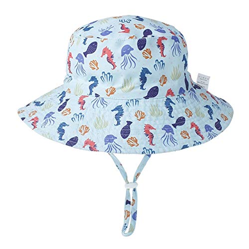 Verano bebé Sombrero para el Sol niños Gorra niños Unisex Playa niñas Sombreros de Cubo Dibujos Animados Infantil protección UV -Blue seahorse-1-6-36 Months Baby