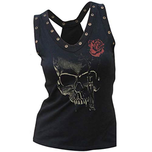 Verano Camiseta de Tirantes de Mujer Camiseta Calavera Flores Impresión Sin Mangas Chaleco Mujer Negro Punk Vest Tank Tops Skull/M