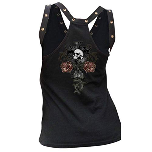 Verano Camiseta de Tirantes de Mujer Camiseta Calavera Flores Impresión Sin Mangas Chaleco Mujer Negro Punk Vest Tank Tops Skull/M