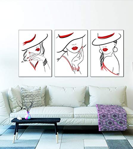 ©VERED Art - Juego de pósteres de línea, colores negro, blanco y rojo, modernos murales para salón, dormitorio, oficina, 3 x A4 sin marco, mujeres con sombrero