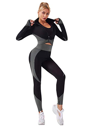 Veriliss 3 Piezas Mujer Yoga Traje Entrenamiento Para, Gym Mallas de Yoga Sin Costuras y Sujetador Deportivo Elástico Ropa de Gimnasio (NegroGris, M)